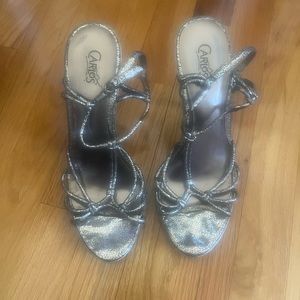 metallic silver strappy heels